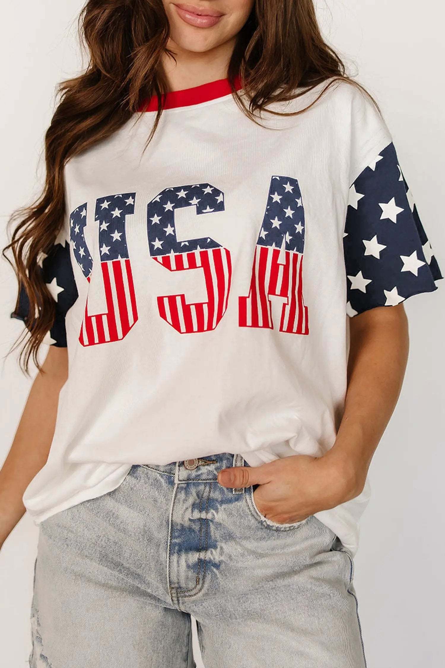 jet stream flag print usa graphic patchwork casual tee for women casual everyday outfit