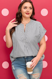 Plus size black stripe V-neck blouse with roll-tab dolman sleeves