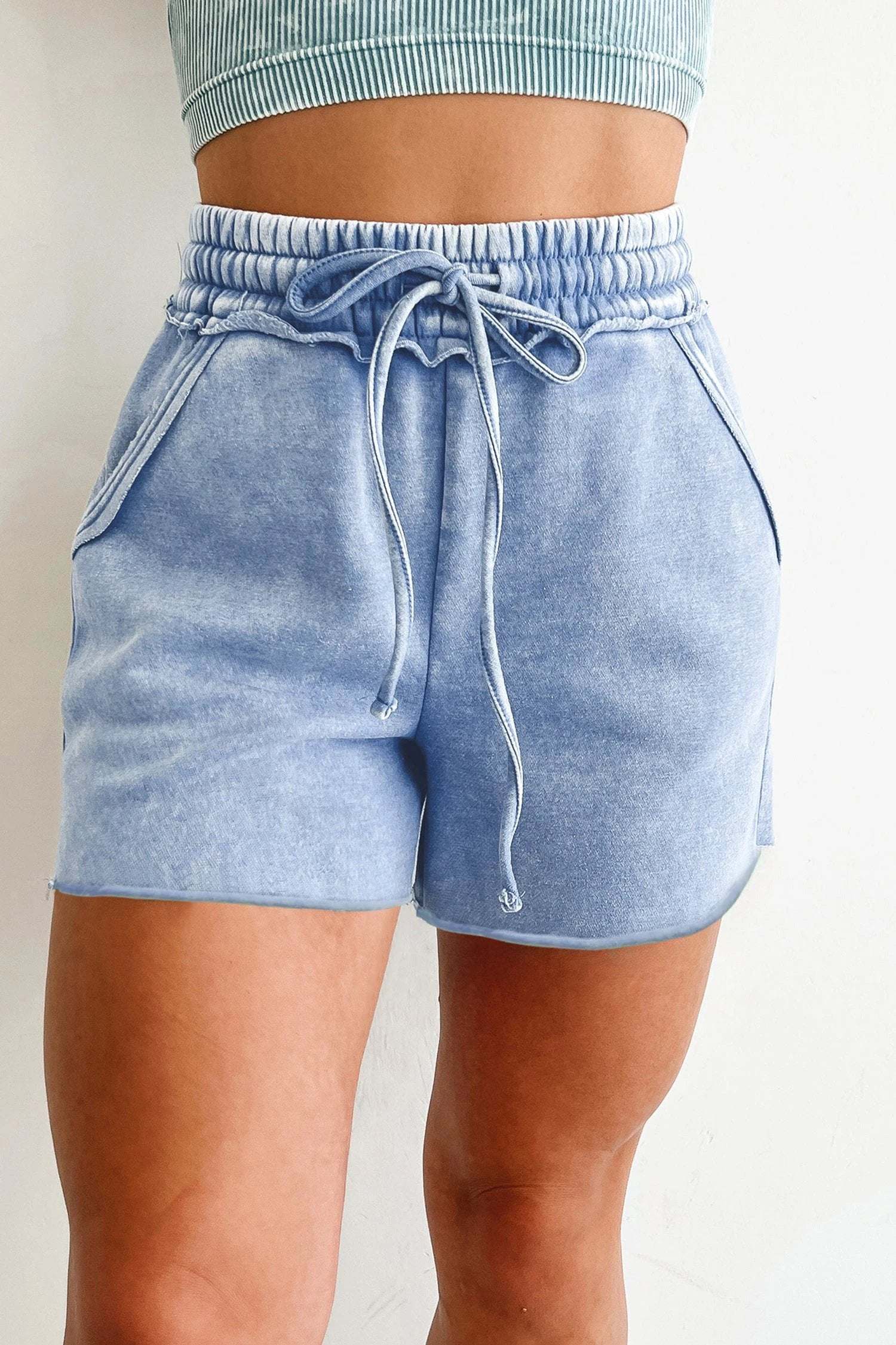 sea green mineral washed drawstring elastic waist raw cut shorts for women casual everyday outfit