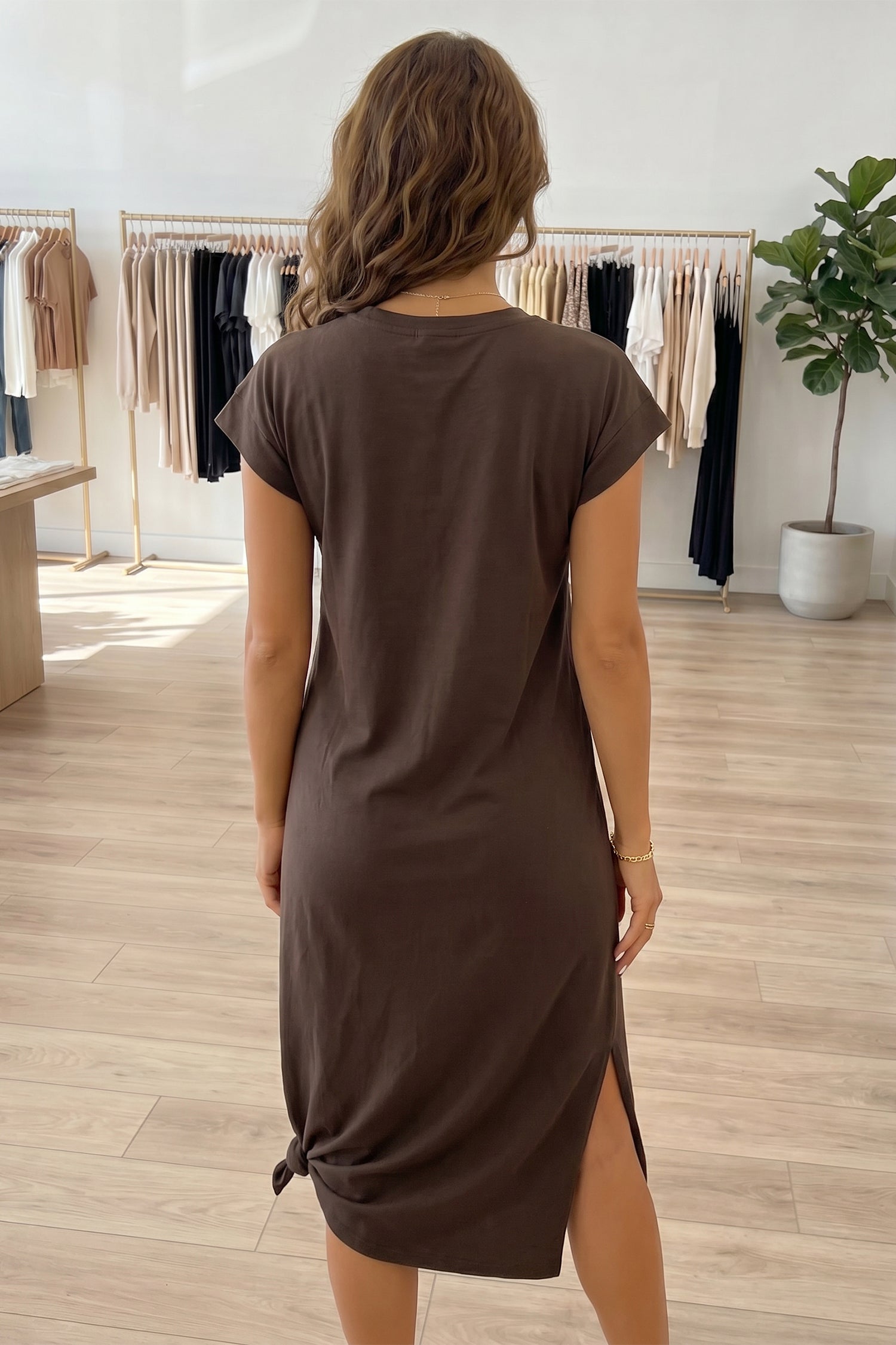 Red Sandalwood Rhinestone Western Graphic Side Slit Midi T-Shirt Dress