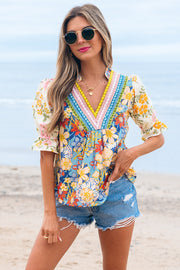 Crochet V-Neck Half Sleeve Boho Floral Blouse — women's everyday top | J&H Apparel