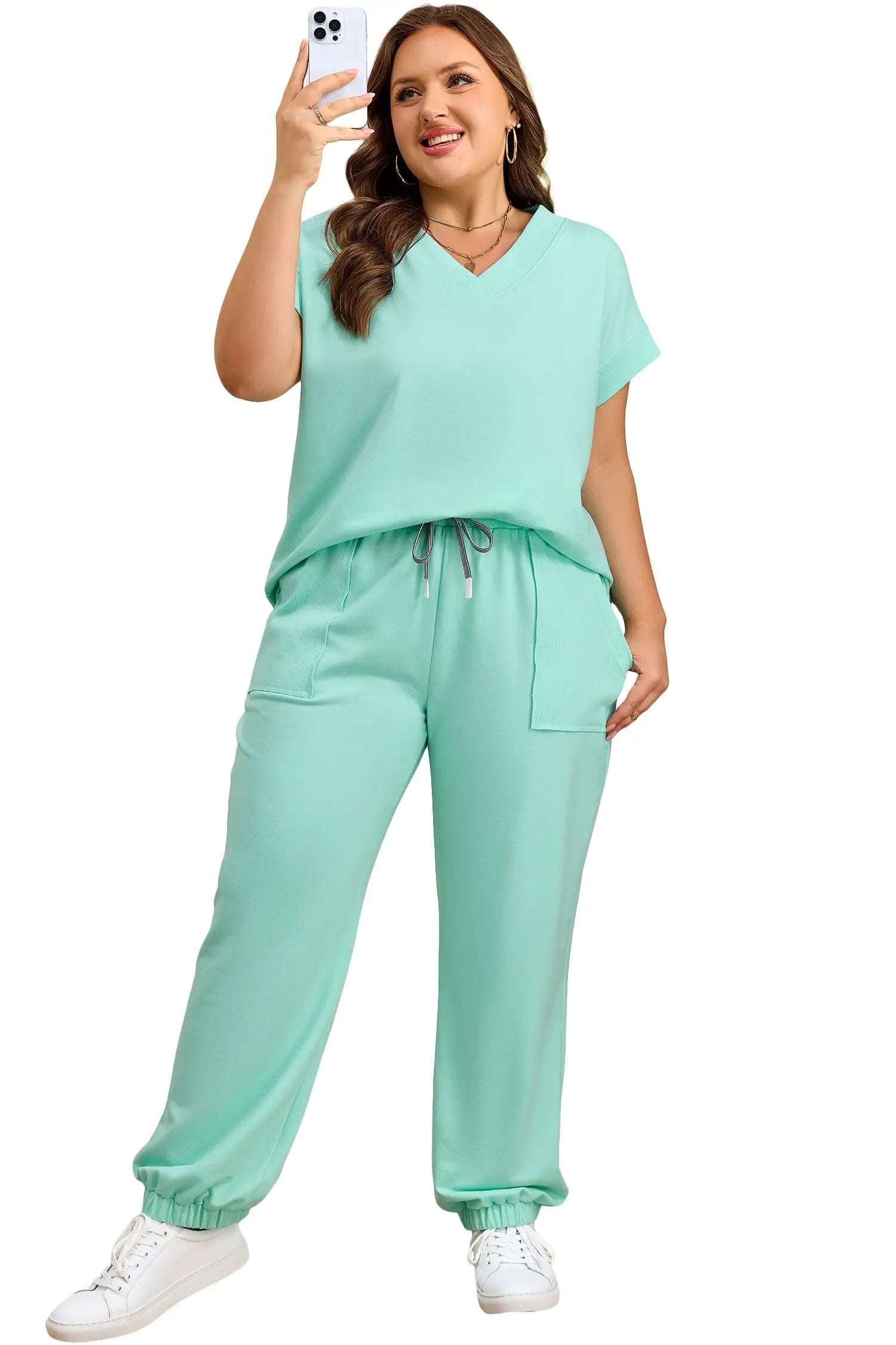 Plus size V-neck tee and drawstring pants outfit set for comfy casual wear
