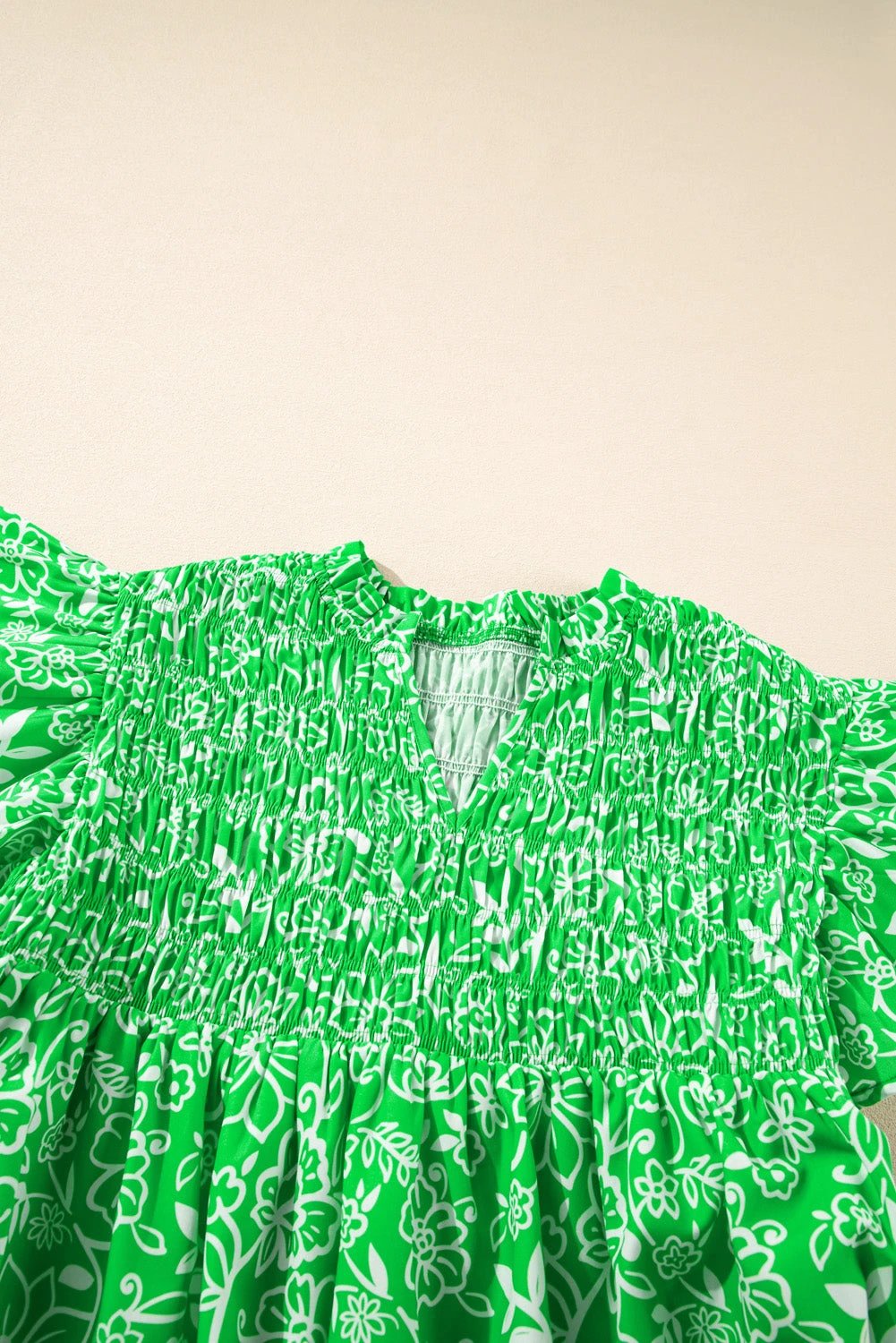 Dear-Lover Dropshipping Green Floral Flutter Sleeve Shirred Notched Neck Plus Size Blouse - Plus Size/Plus Size Tops/Plus Size Blouses & Shirts