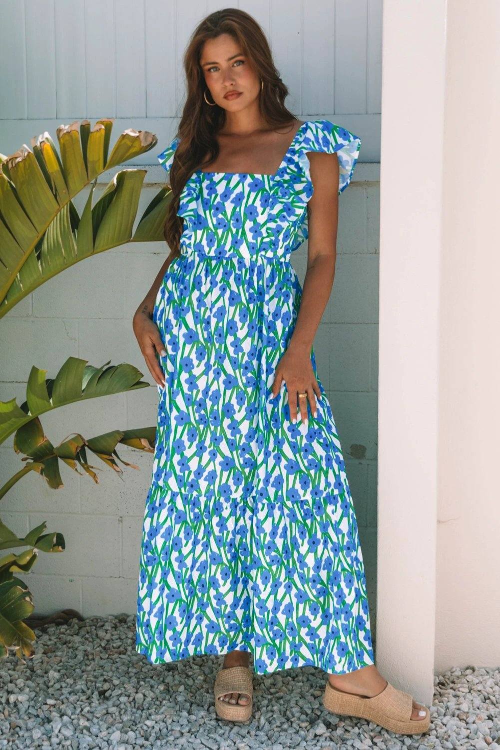 Dear-Lover Dropshipping Pink Floral Print Square Neck Ruffled Strap Maxi Dress - Dresses/Floral Dresses
