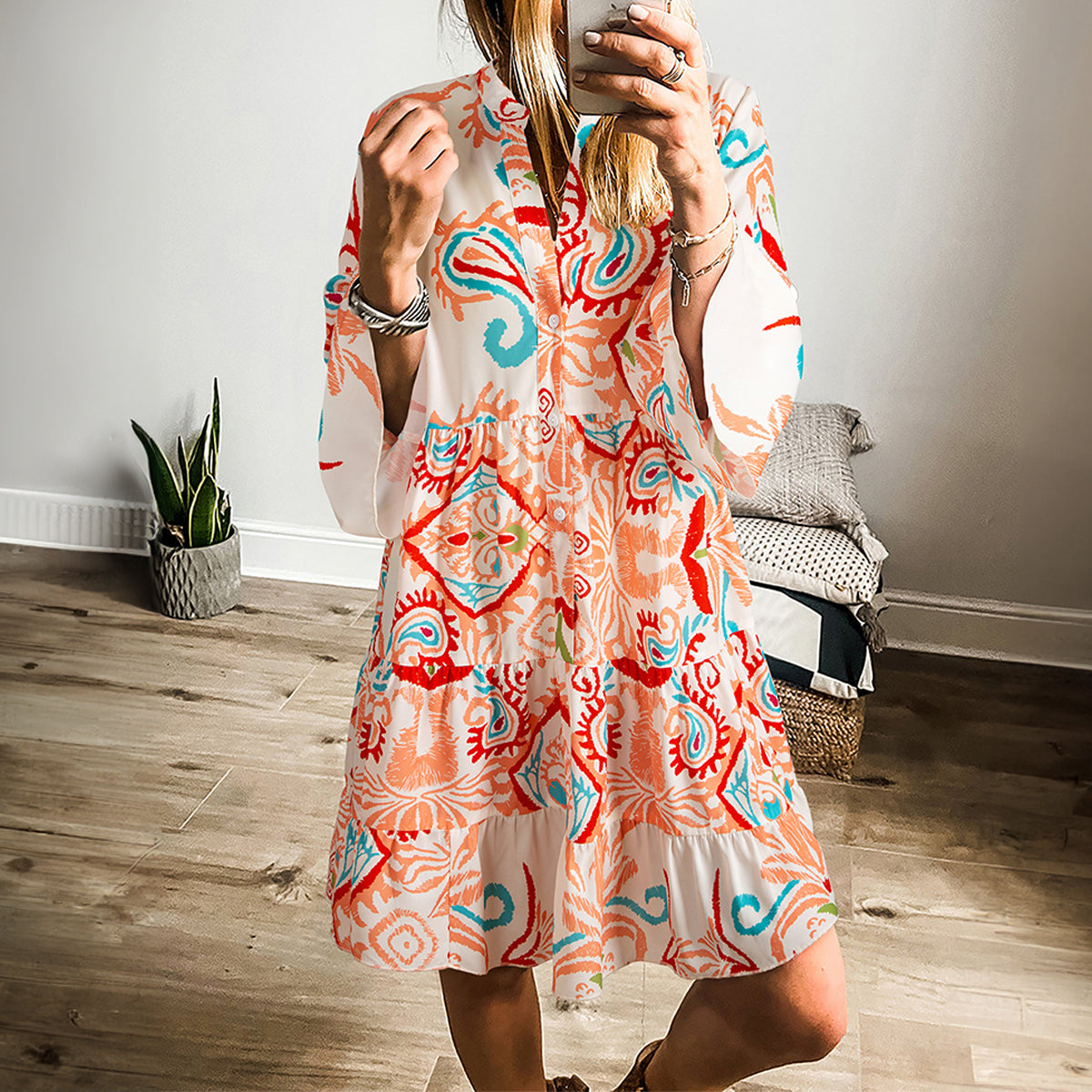 Printed Tribal Bracelet Sleeve Buttoned Mini Dress — everyday dress for women | J&H Apparel