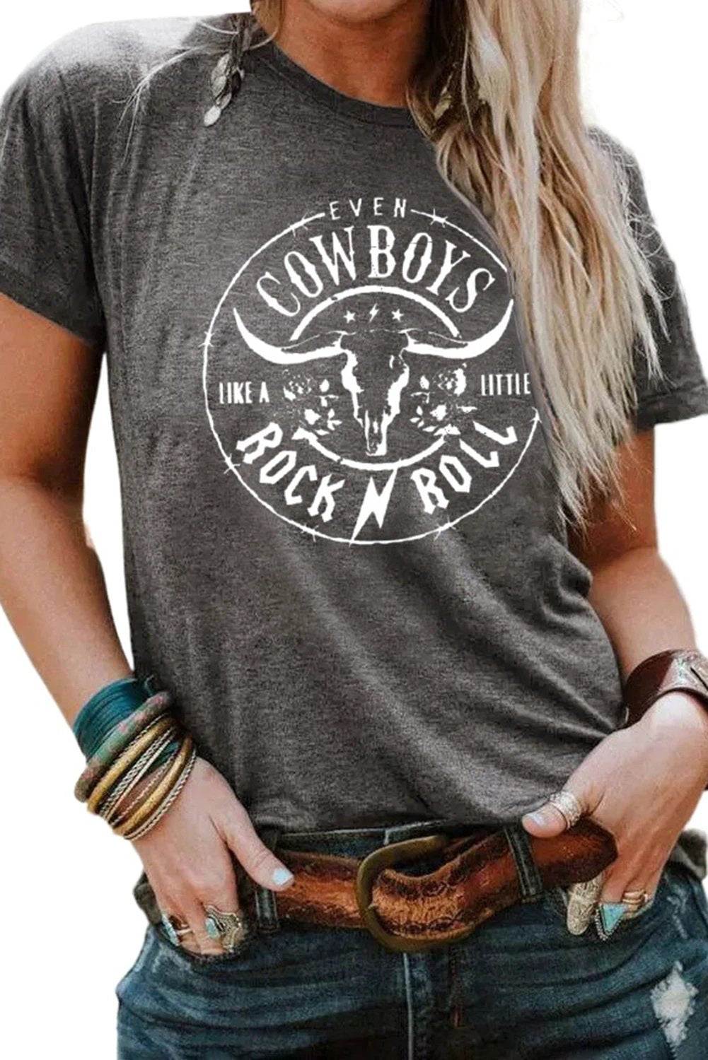 gray western letter steer head graphic tee for women casual everyday outfit