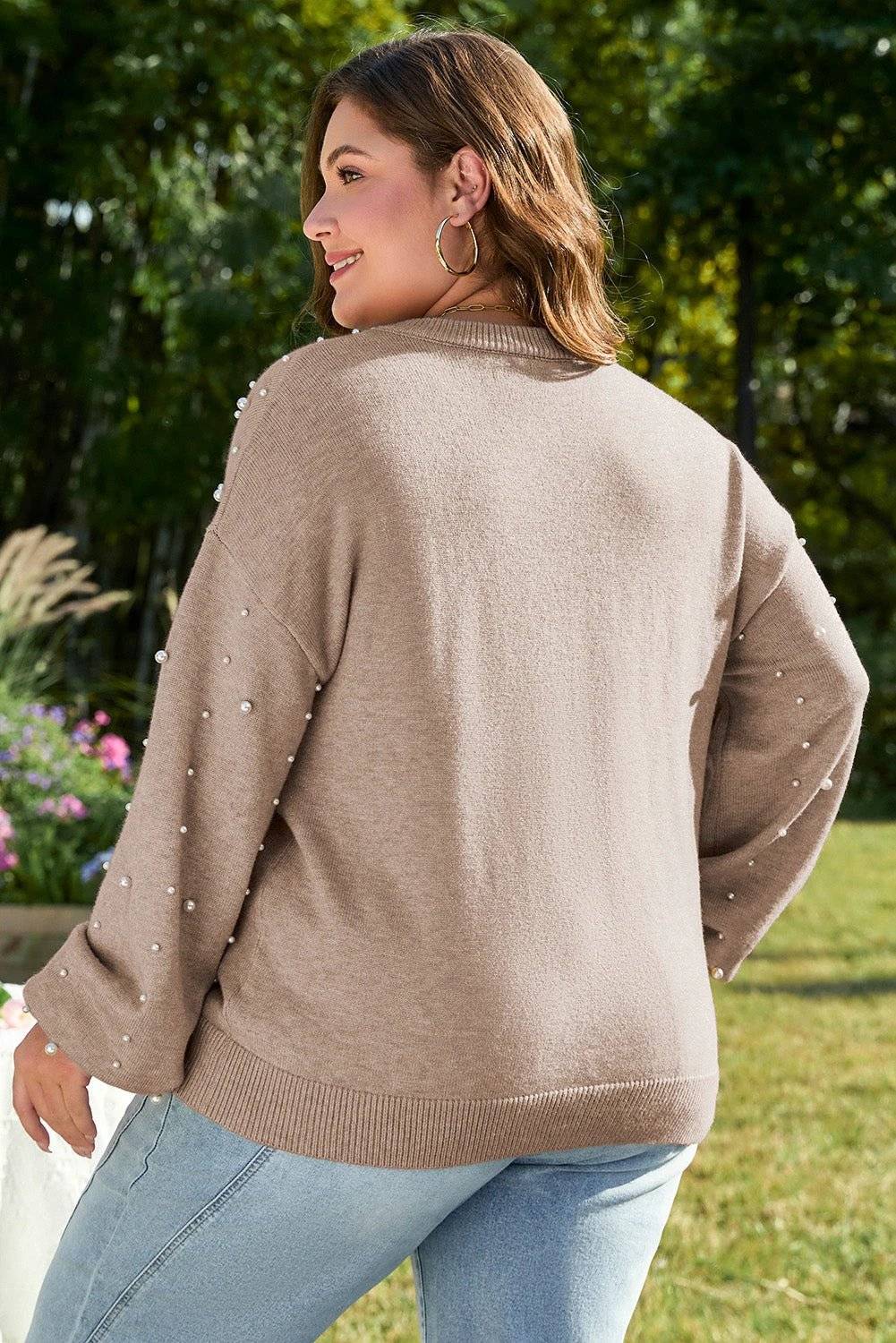 Plus size smoke gray pearled drop shoulder sweater knit for cozy confidence