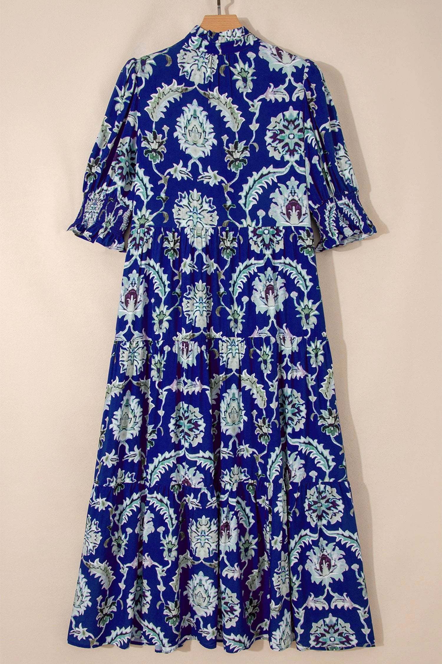 blue wild floral print frilled collar half sleeve long dress for women casual everyday outfit