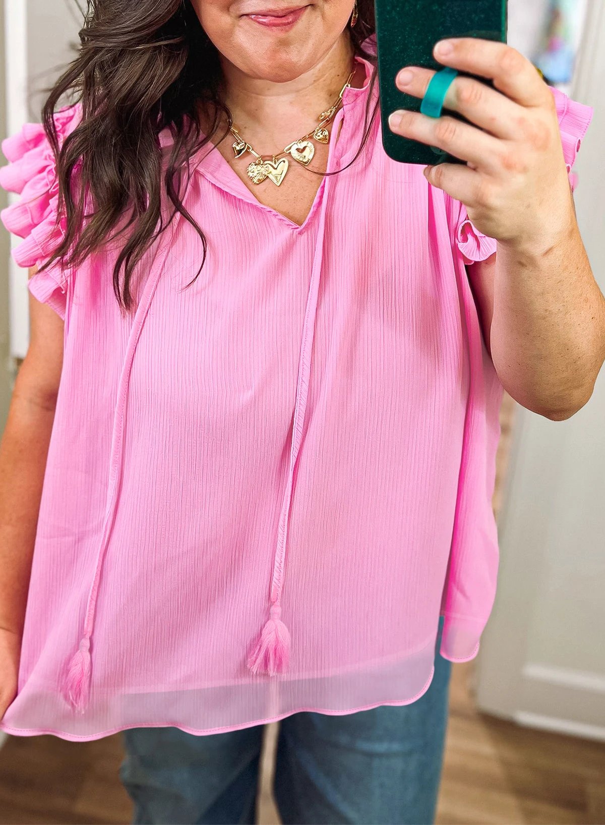 Plus size pink textured tassel tie V-neck ruffle short sleeve blouse