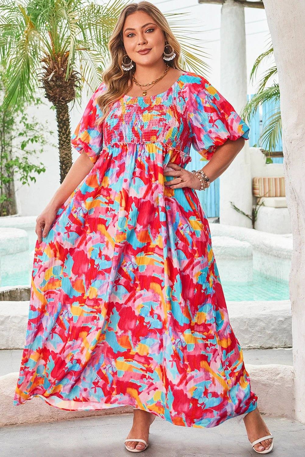 rose abstract printed puff sleeve square neck smocked bust tied back plus size dress for women casual everyday outfit