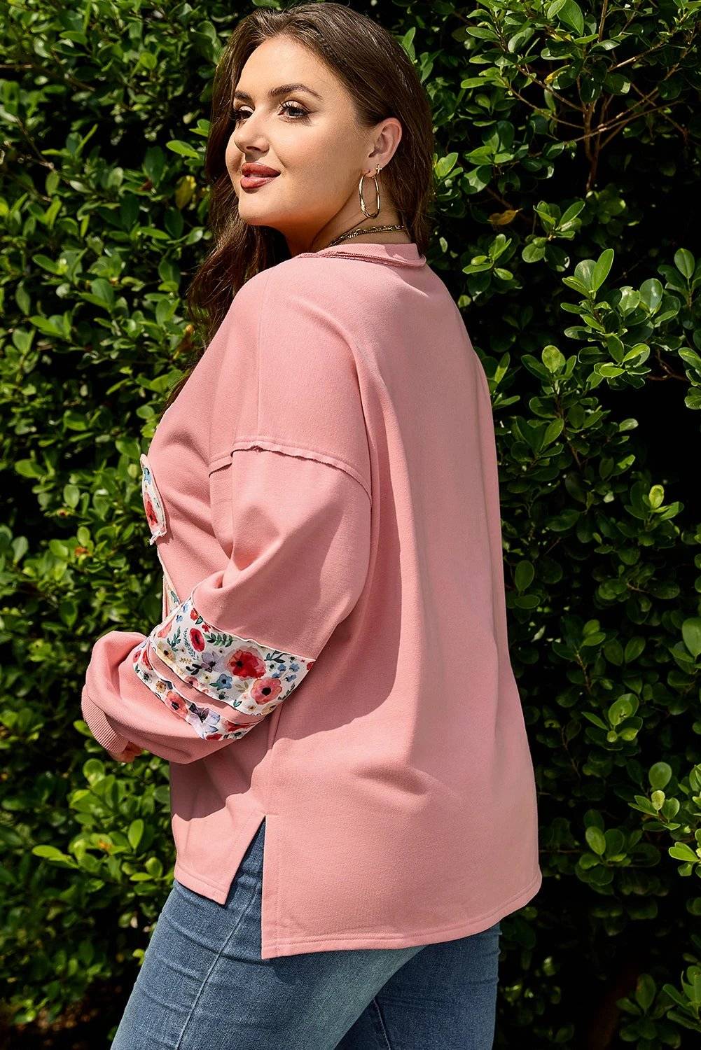Plus size Feel-Good Confidence sweatshirt with peach blossom floral applique and drop shoulder design