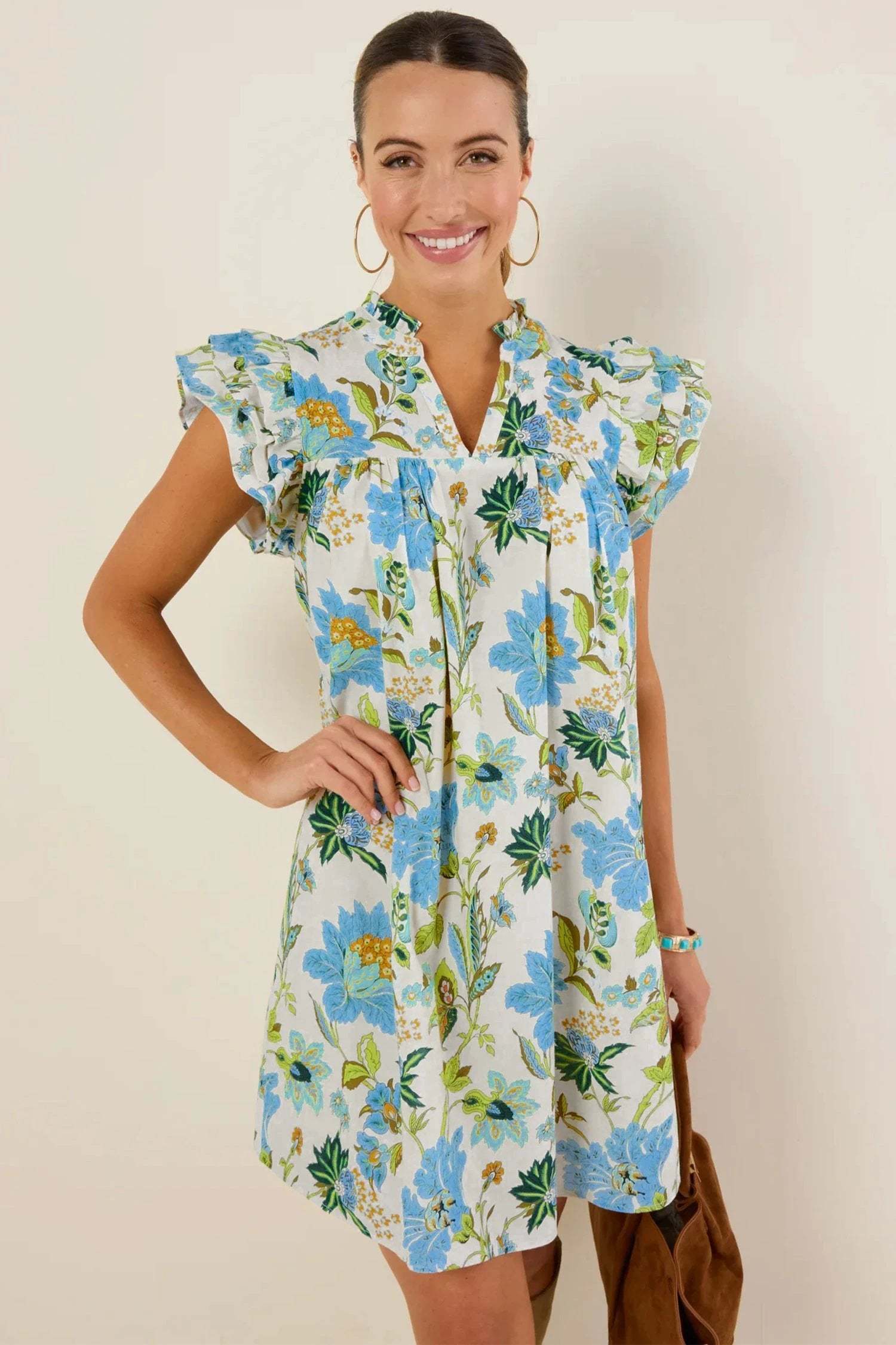 beige floral print v neck triple ruffle short sleeve shift mini dress for women casual everyday outfit
