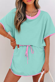 Moonlight Jade Colorblock Edge Drop Shoulder T Shirt and Skort 2Pcs Set