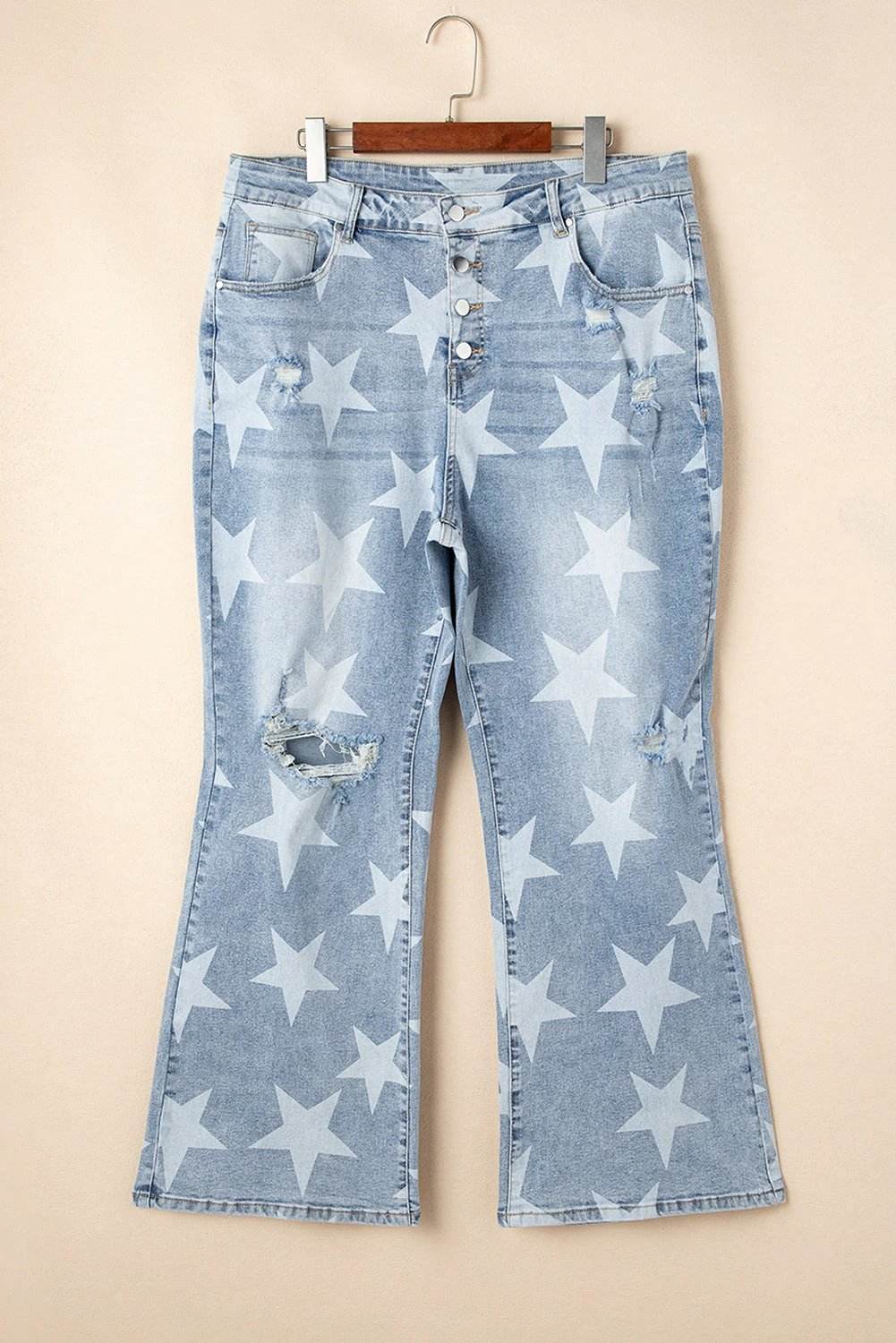 sky blue star printed multi buttons slit knee destroyed plus size jeans for women casual everyday outfit