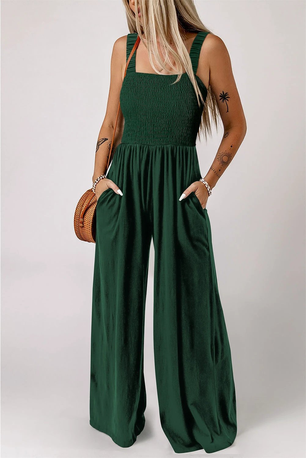 green smocked sleeveless wide leg jumpsuit with pockets for women casual everyday outfit