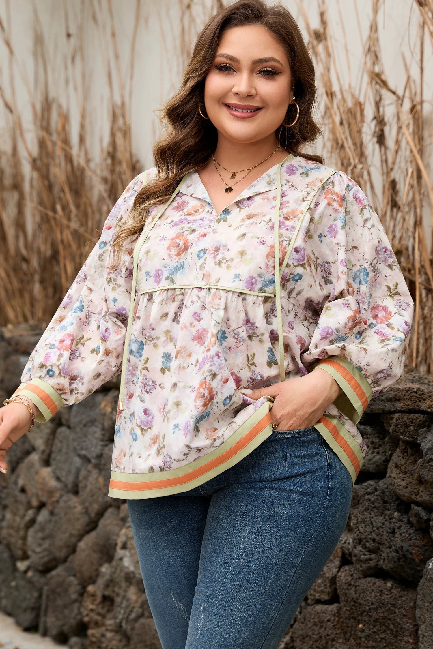 Dear-Lover Dropshipping Black Plus Size Floral Print Contrast Trim Striped Detail Babydoll Blouse - Plus Size/Plus Size Tops/Plus Size Blouses & Shirts