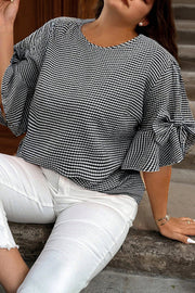 Dear-Lover Dropshipping Black Plus Size Plaid Bow Decor Bell Sleeve Round Neck Jumper - Plus Size/Plus Size Tops/Plus Size Tops & Tees