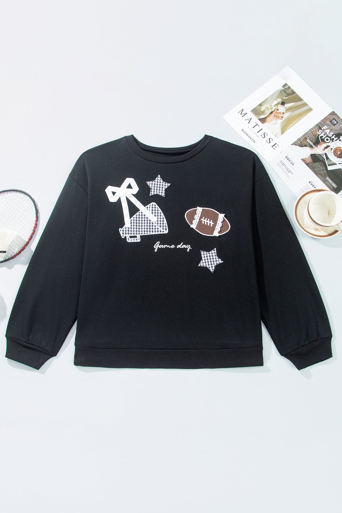 Black Rugby Game Day Patchwork Graphic Plus Size Sweatshirt