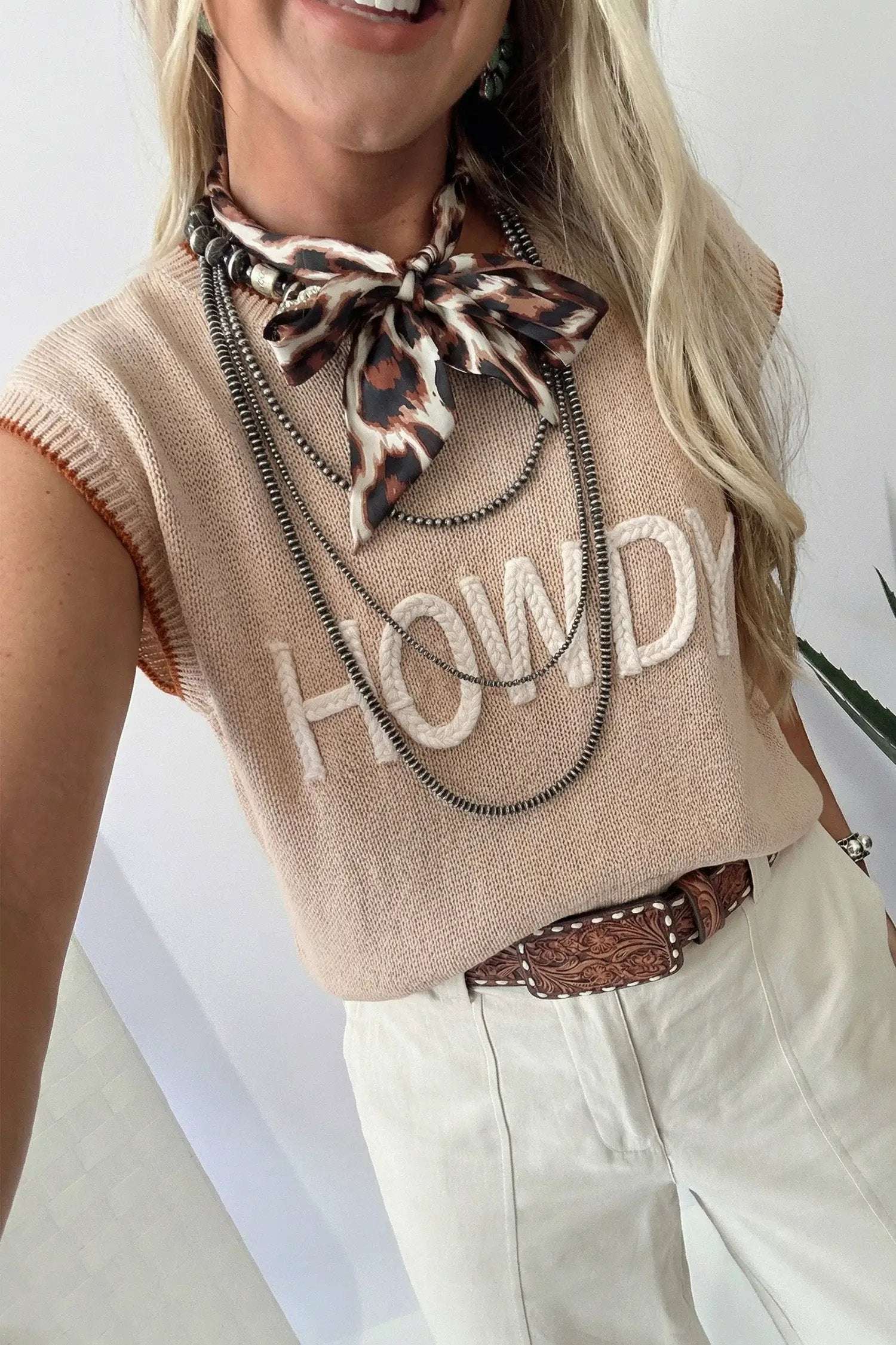 Short sleeve knit western sweater with parchment contrast trim and relaxed fit