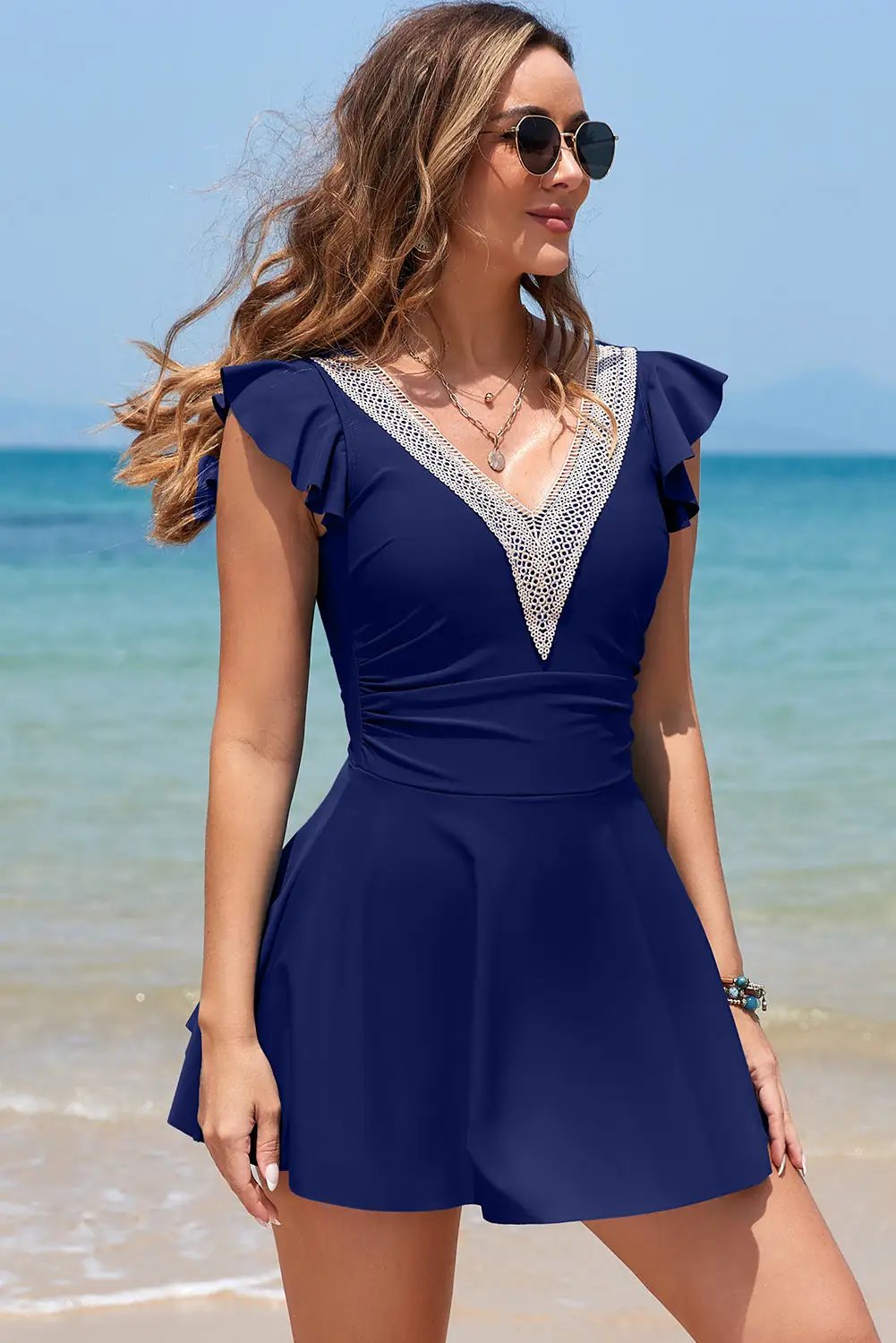 black lace-trim swim dress
