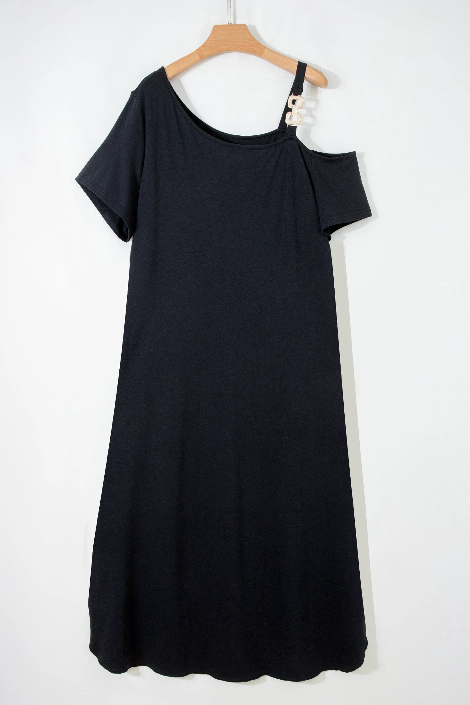 black asymmetric shoulder detail short sleeve plus size maxi dress for women casual everyday outfit
