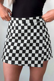 Black-and-white checkered print overlap denim shorts for moms, mid-thigh length with stretch fabric