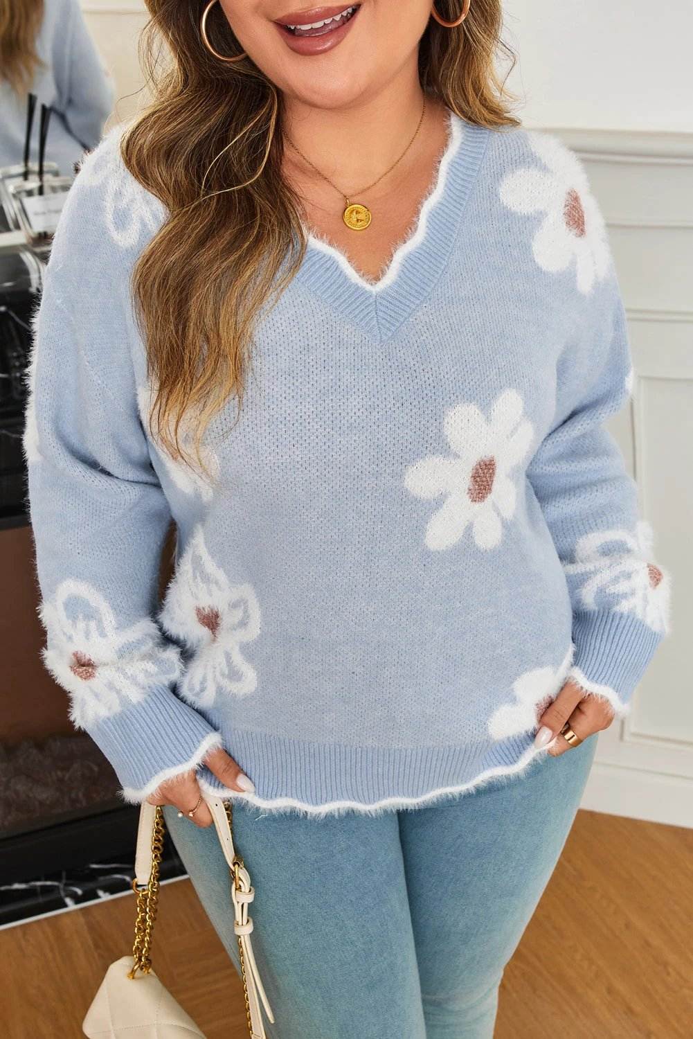 gray fuzzy flower scalloped v neck plus sweater for women casual everyday outfit