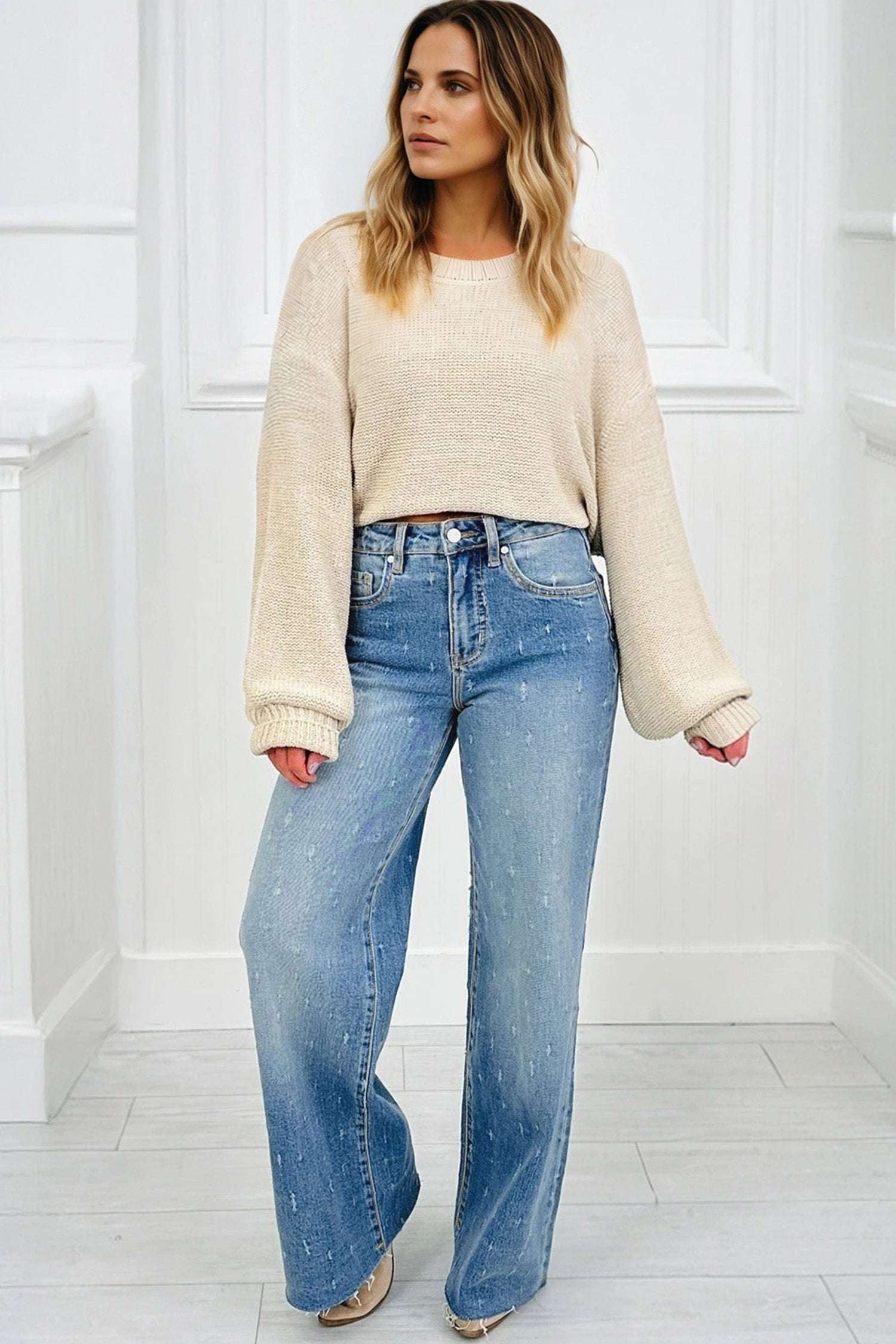 mist blue distressed detail tummy control raw hem jeans for women casual everyday outfit