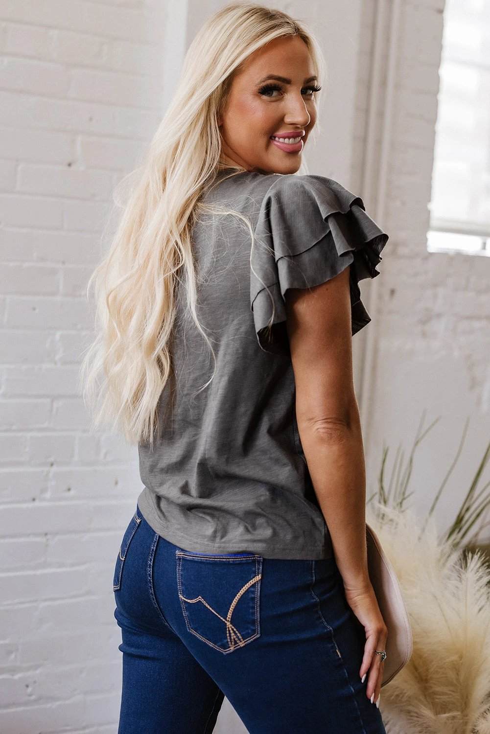 white layered ruffle short sleeve round neck top for women casual everyday outfit
