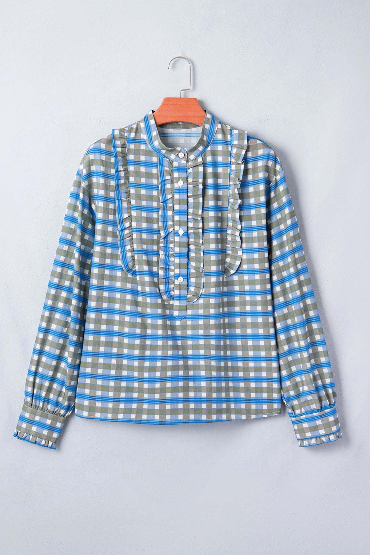 sky blue plaid long sleeve frilled detail half button blouse for women casual everyday outfit