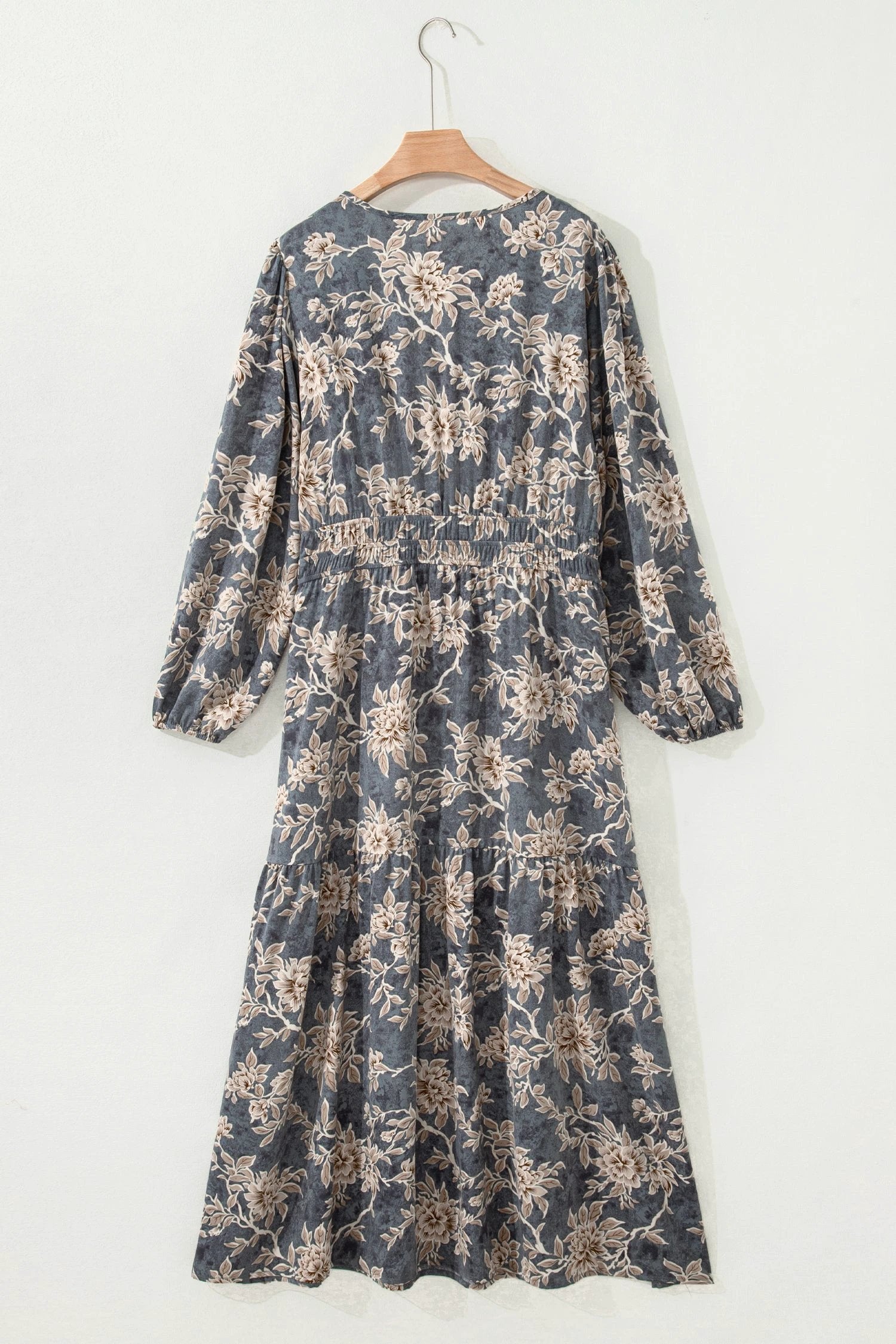 Dear-Lover Dropshipping Sky Blue Plus Size Floral Print Split Neck Shirred High Waist Long Sleeve Maxi Dress - Plus Size/Plus Size Dresses/Plus Size Maxi Dresses