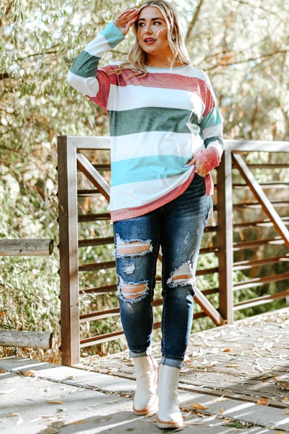 green plus size colorblock pullover top for women casual everyday outfit