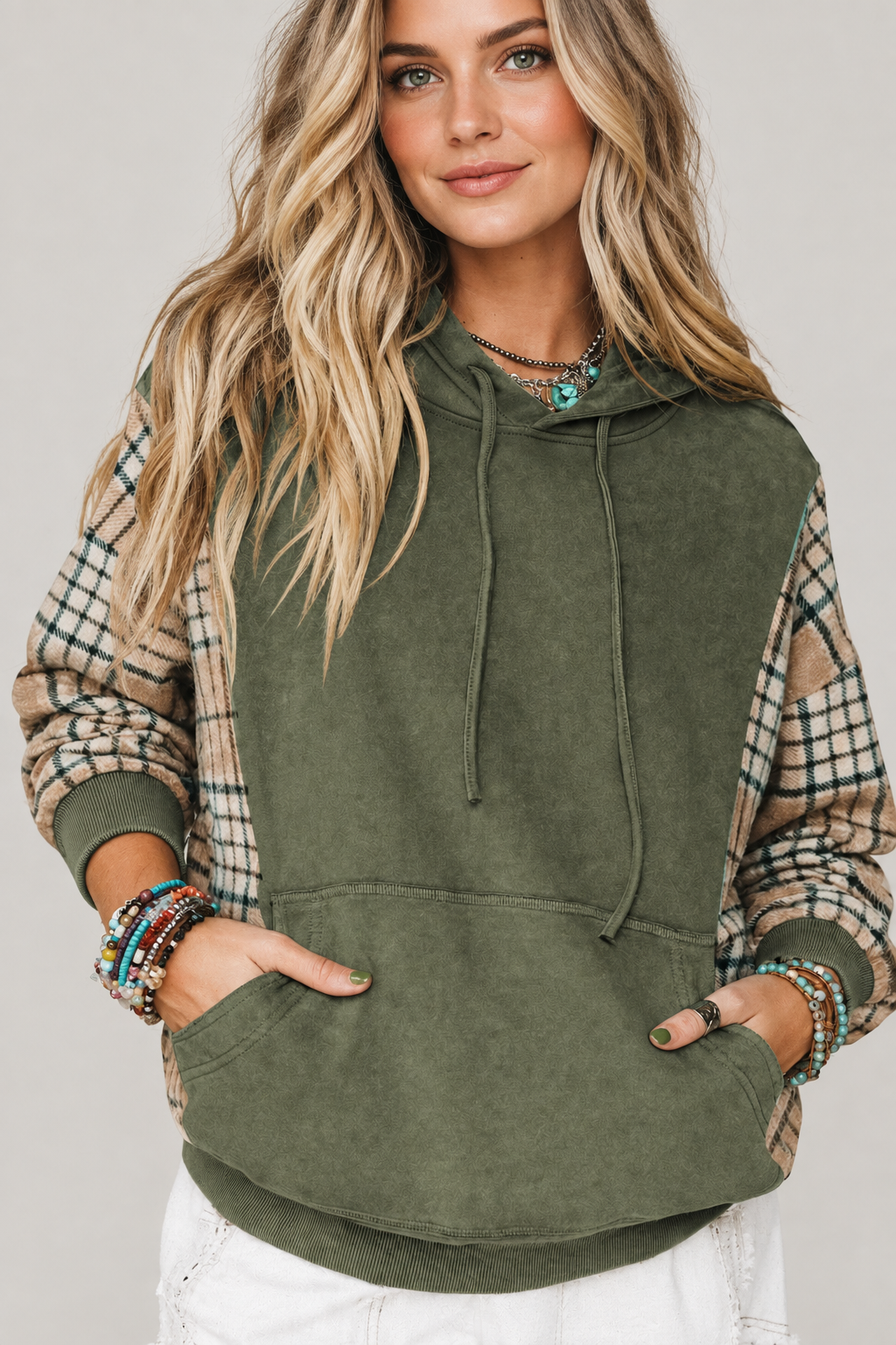 Moss Green Plaid Sleeve Drawstring Pocket Hooded Sweatshirt