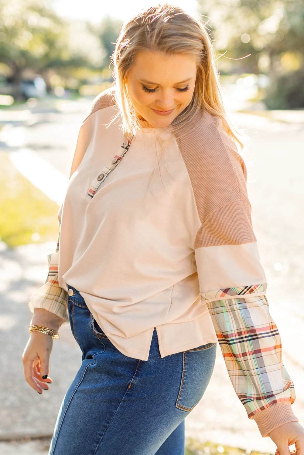 Plus size Everyday Diva plaid color block layered Henley top with relaxed fit and patchwork sleeves