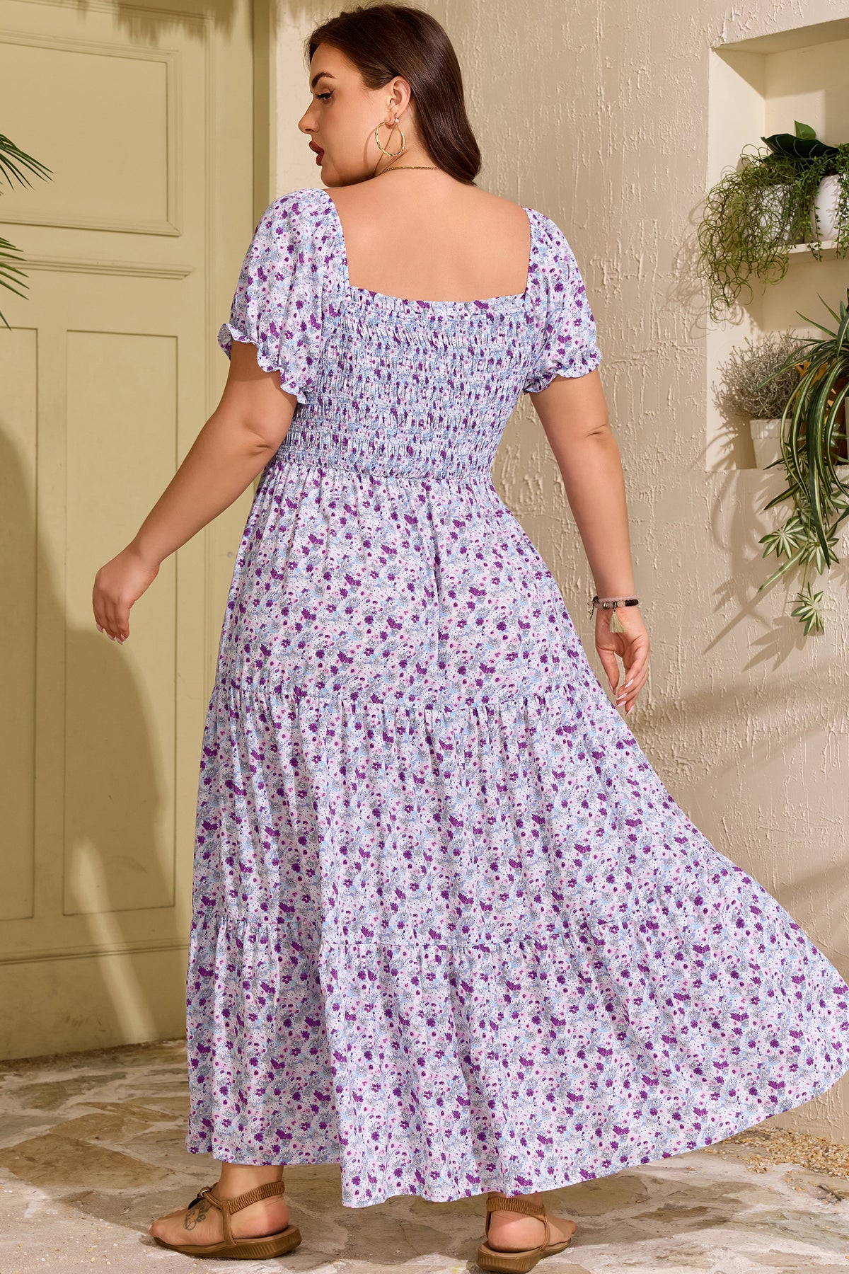 Plus Size Floral Print Square Neck Smocked Maxi Dress