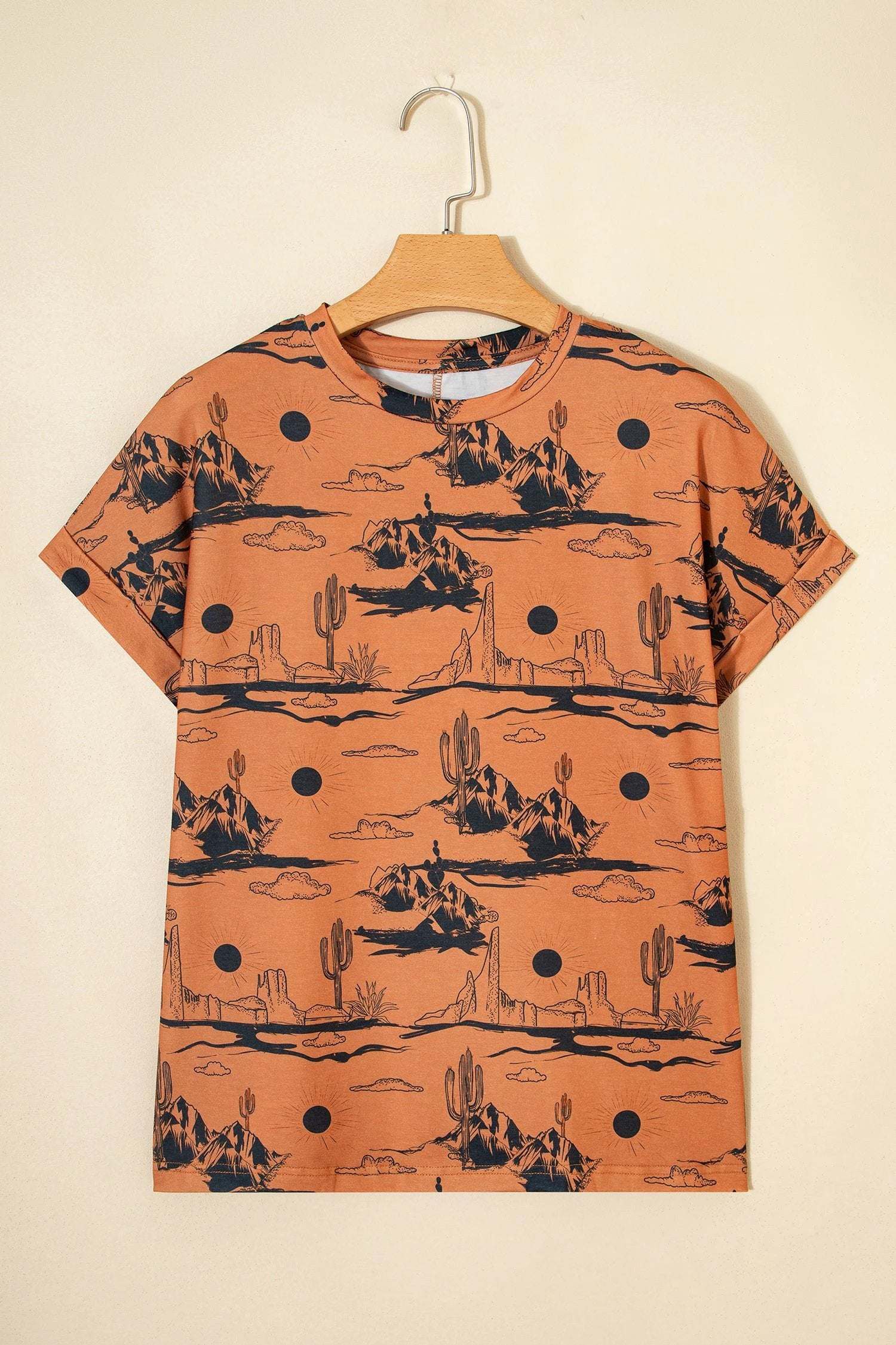 chestnut desert sand print short sleeve knit top for women casual everyday outfit