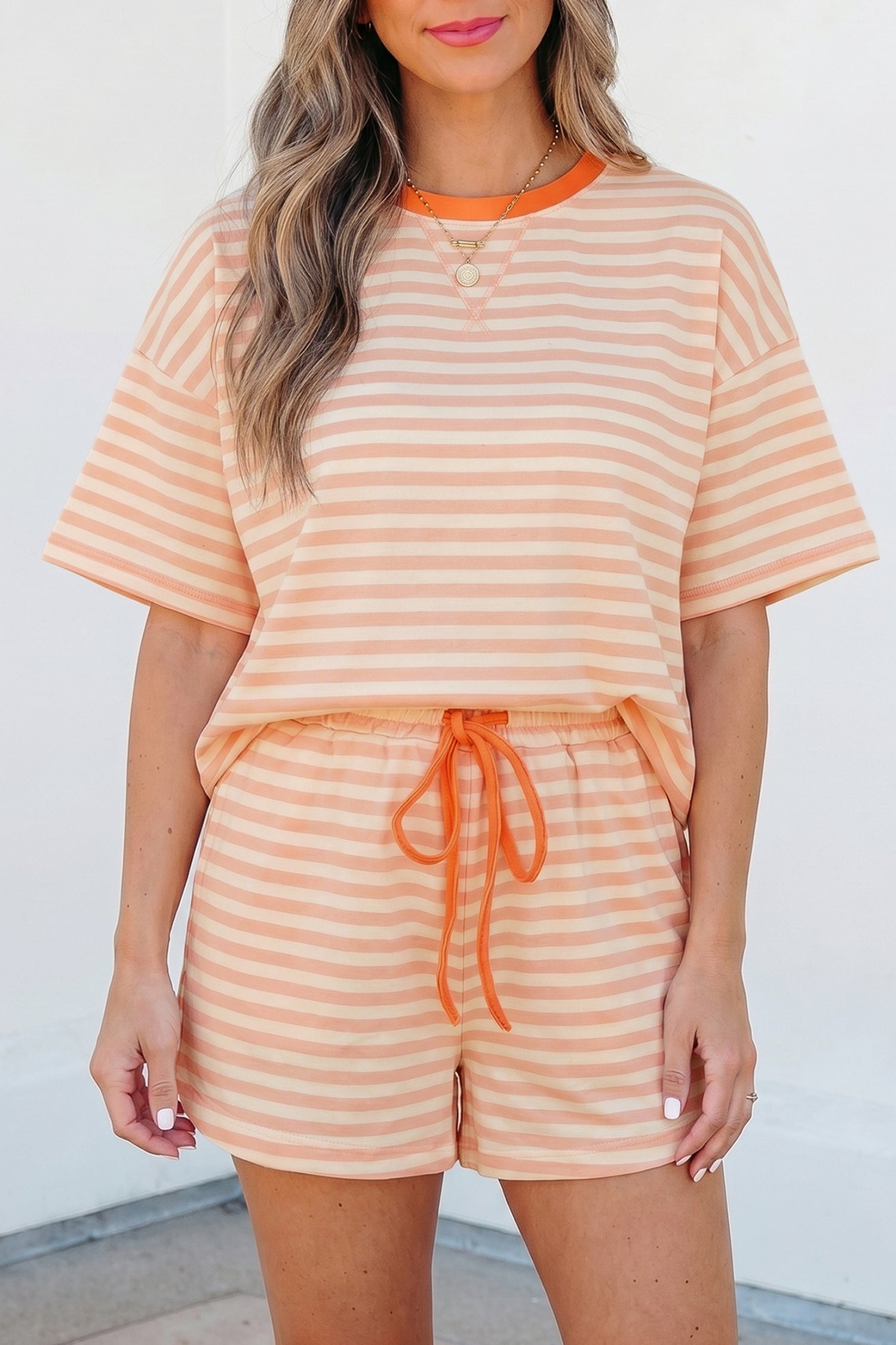 Sunlit Mom Vibes | Striped Tee And Drawstring Shorts Outfit Set