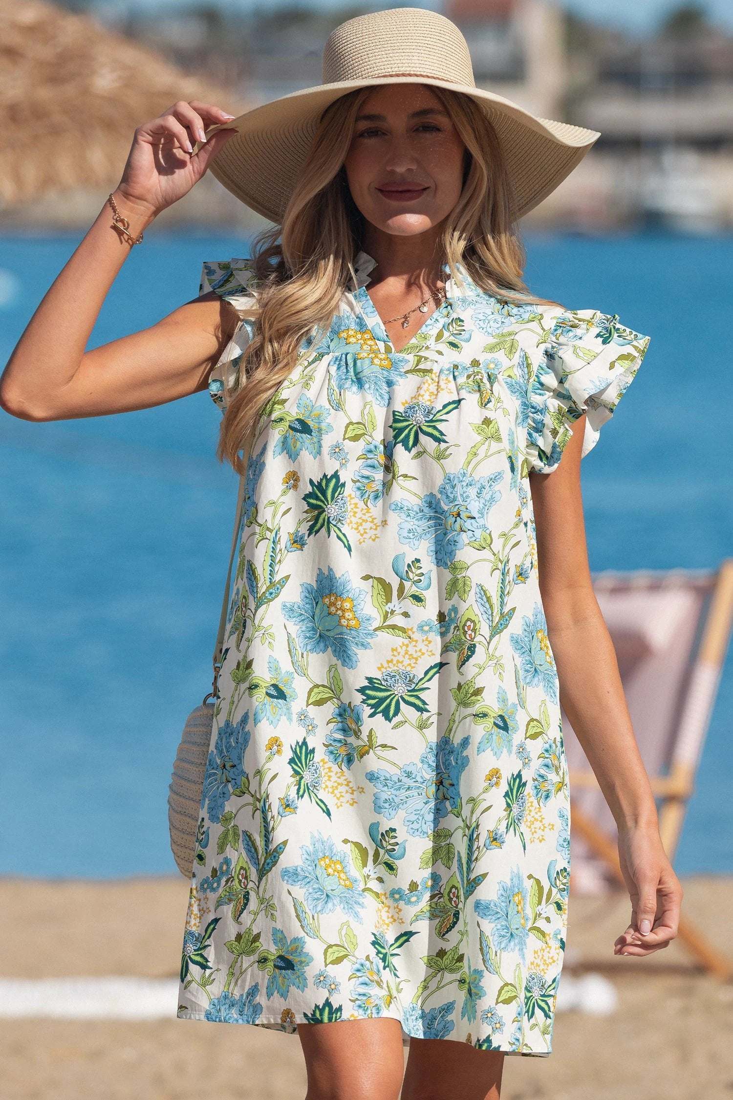 beige floral print v neck triple ruffle short sleeve shift mini dress for women casual everyday outfit