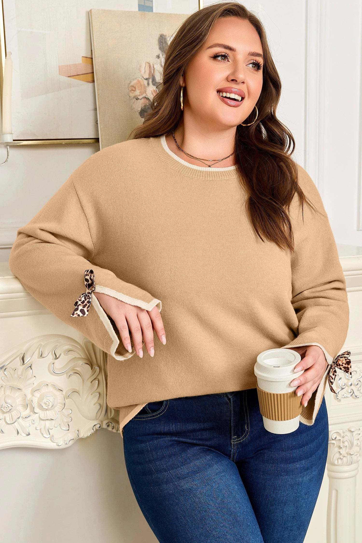 tan plus size leopard bow decor split cuffs loose sweater for women casual everyday outfit