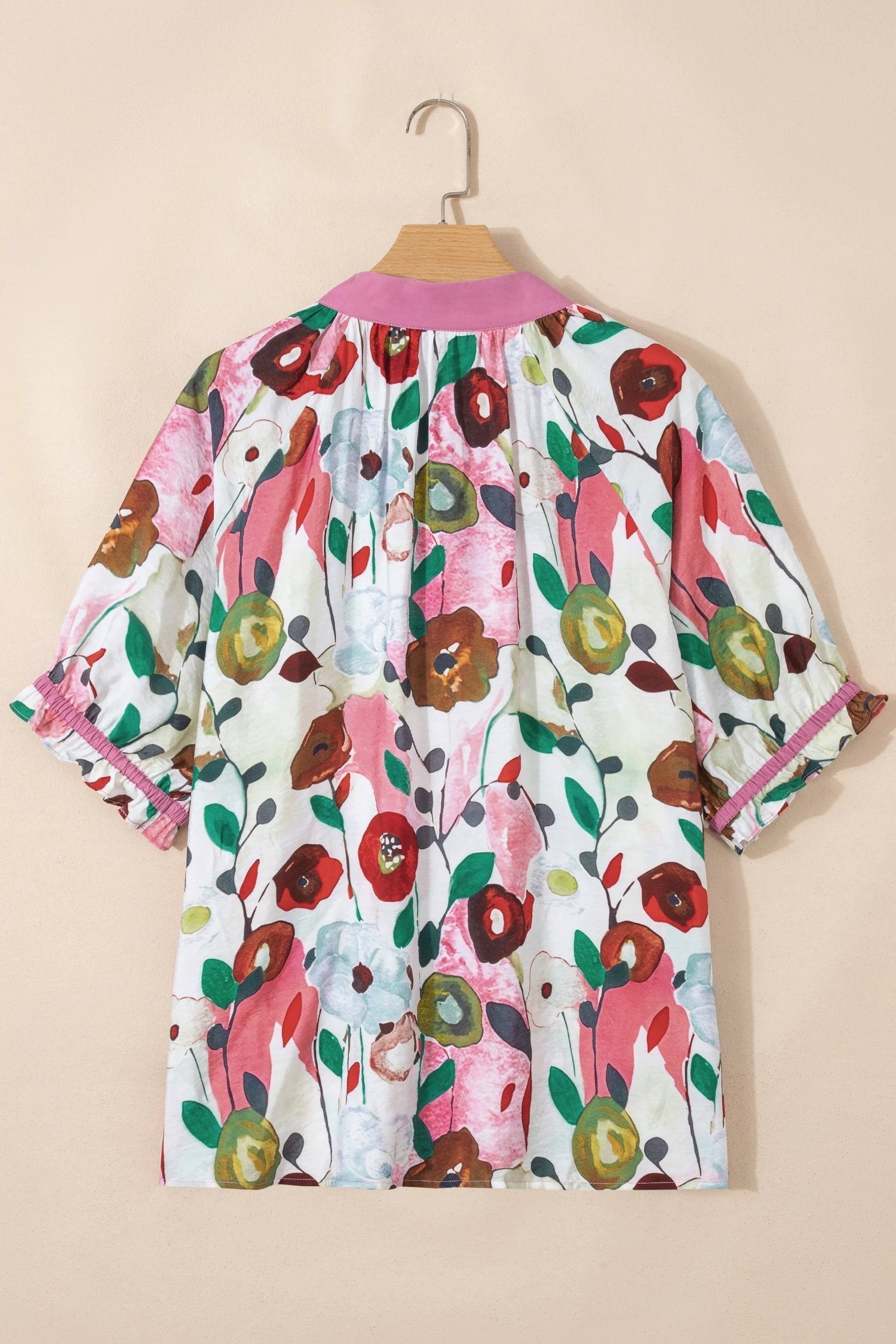 Dear-Lover Dropshipping Pink V Neck Short Puff Sleeve Plus Size Floral Blouse - Plus Size/Plus Size Tops/Plus Size Blouses & Shirts