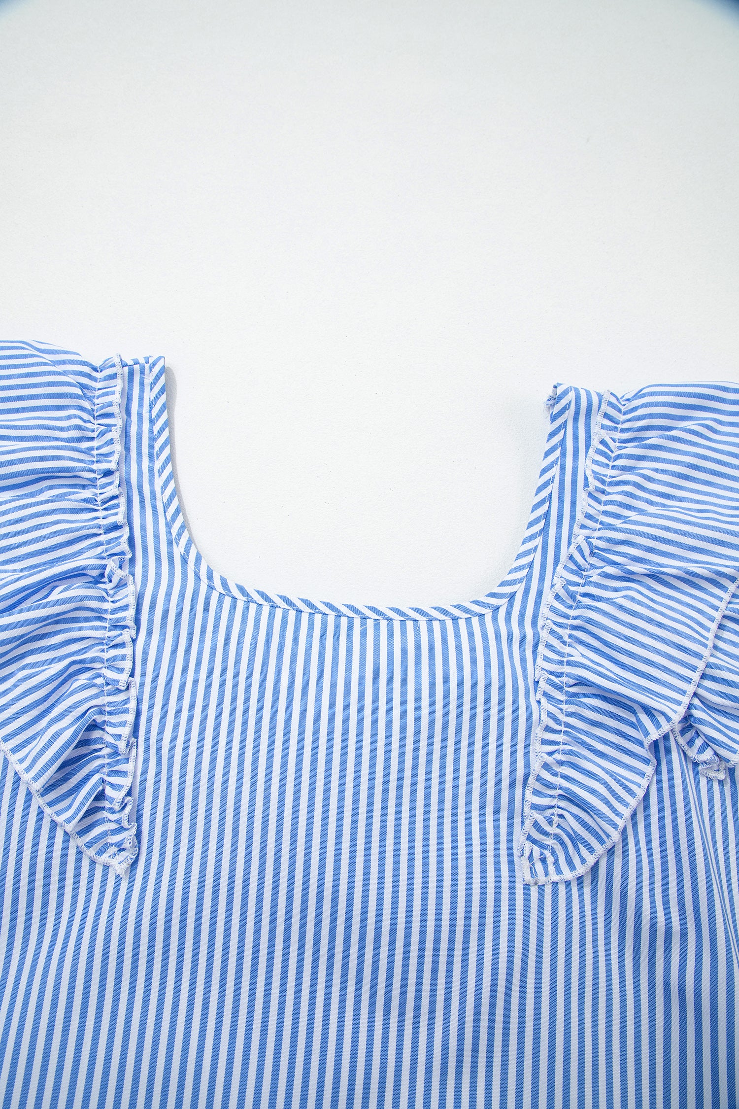 Stripe Square Neck Bow Decor Frilly Ruffled Short Sleeve Blouse