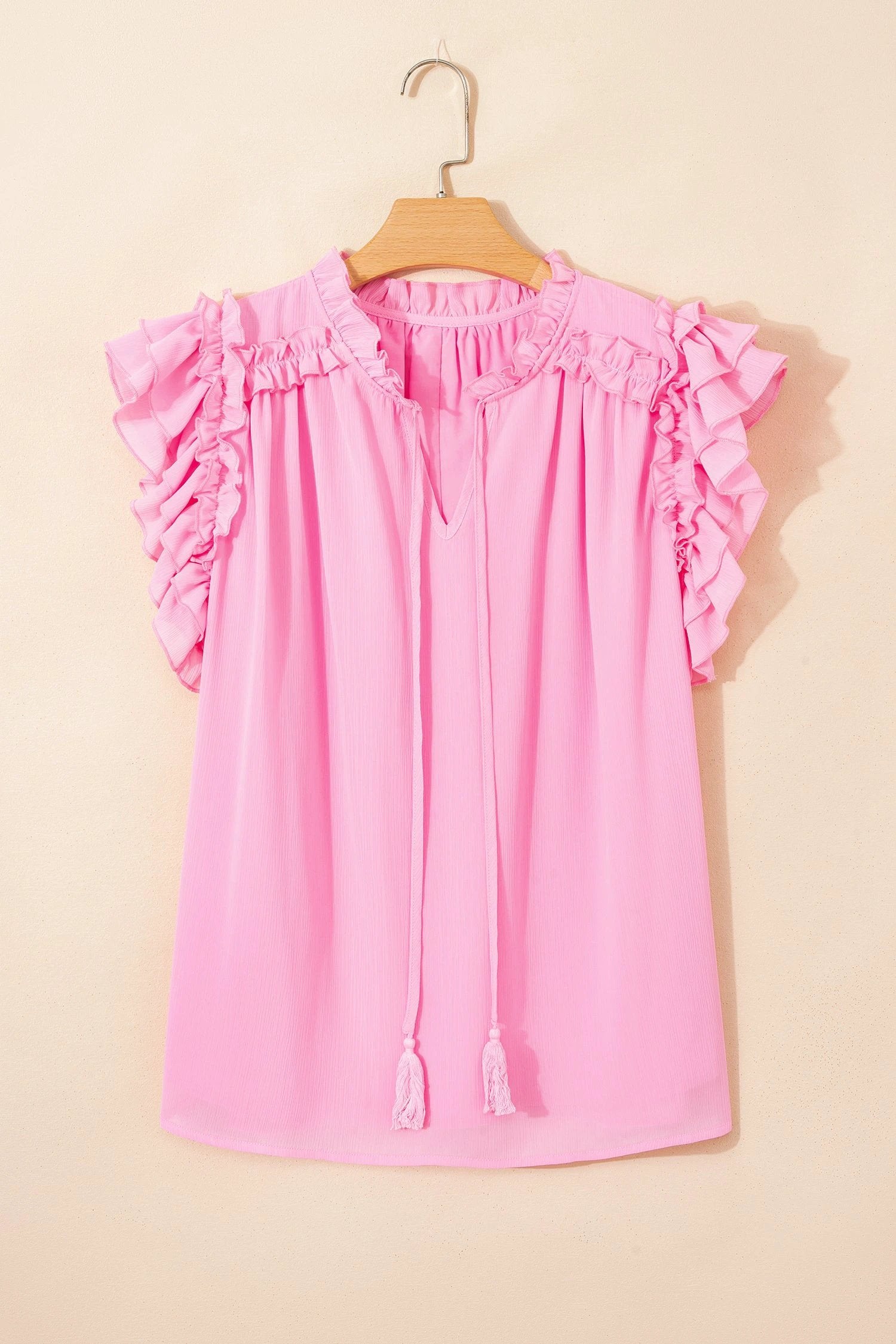 Dear-Lover Dropshipping Bonbon Plus Size Textured Tassel Tie V Neck Ruffle Short Sleeve Blouse - Plus Size/Plus Size Tops/Plus Size Blouses & Shirts