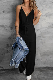 Black solid spaghetti strap wide-leg jumpsuit with drawstring waist