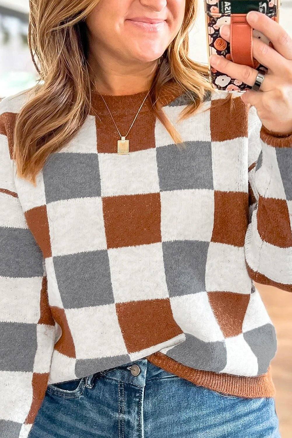 Plus Size Checkered Crewneck Sweater in brown, white, and gray with ribbed cuffs and relaxed fit