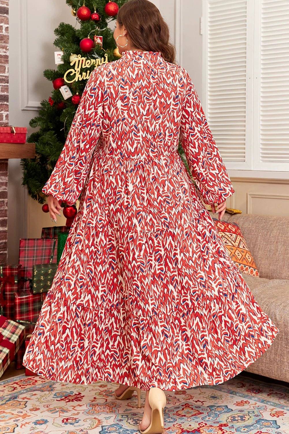 Plus size abstract print notch V-neck high waist maxi dress with long puff sleeves in red and blue