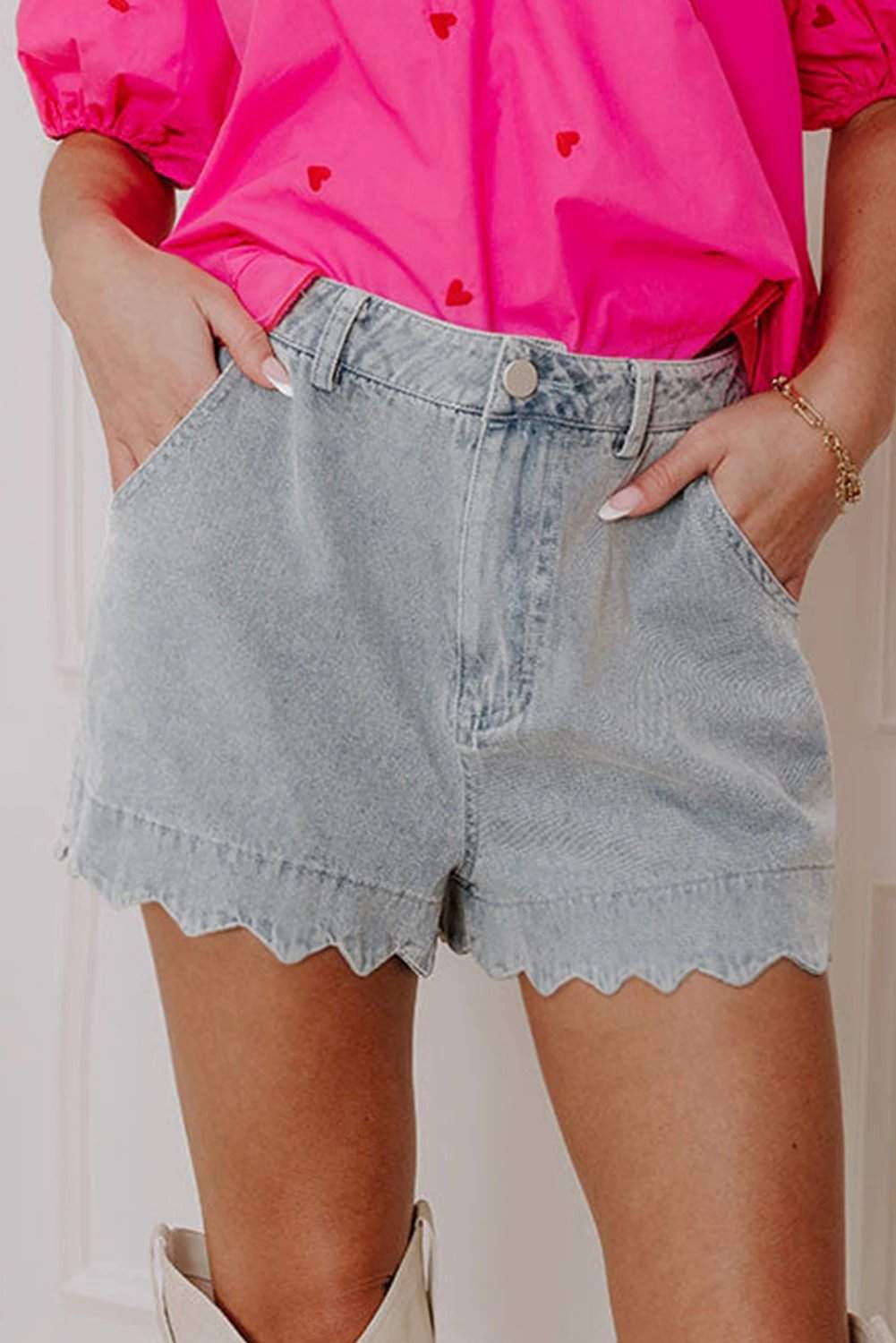 white scalloped hemline acid wash high waist denim shorts for women casual everyday outfit