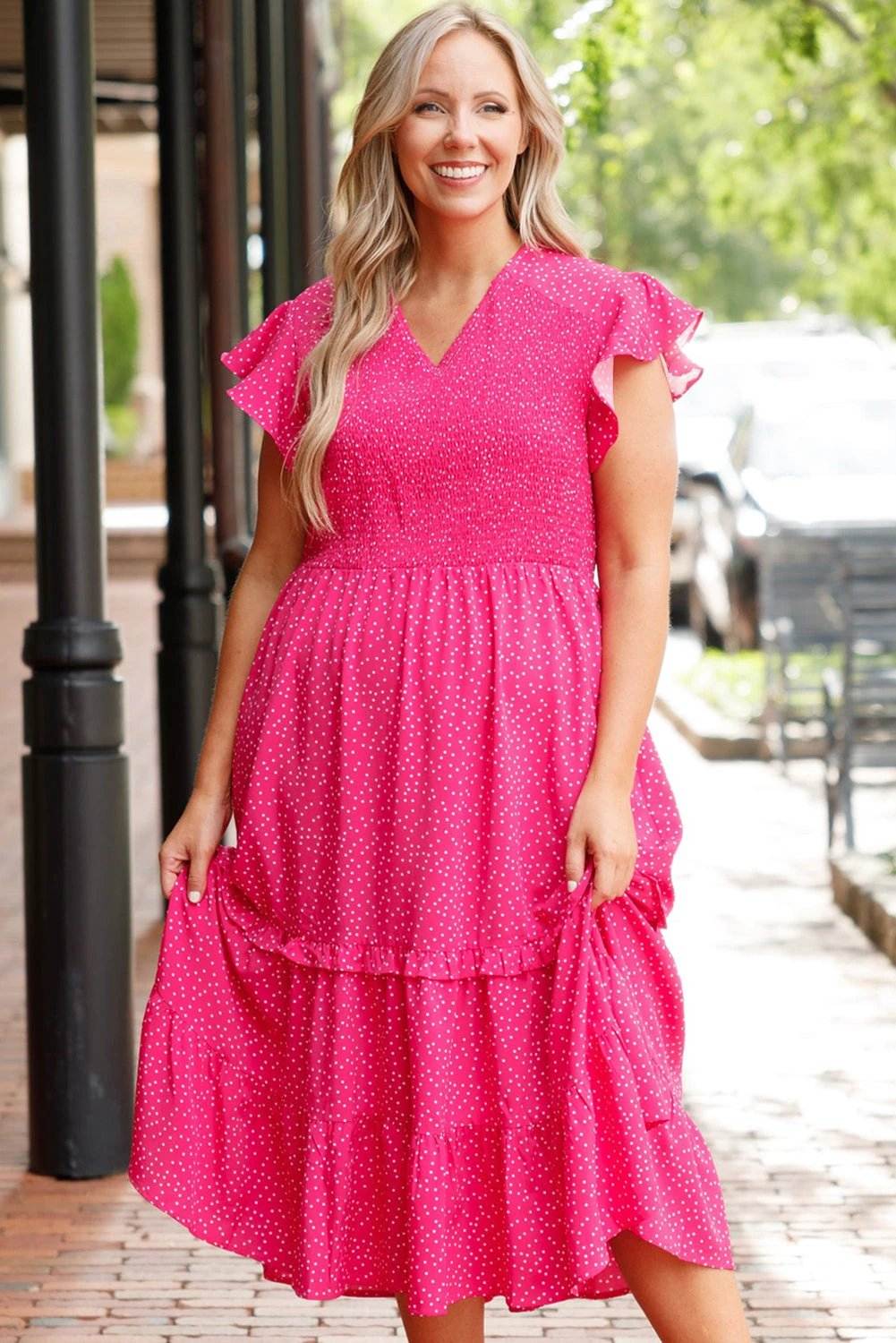 rose polka dot print ruffled smocked high waist plus midi dress for women casual everyday outfit