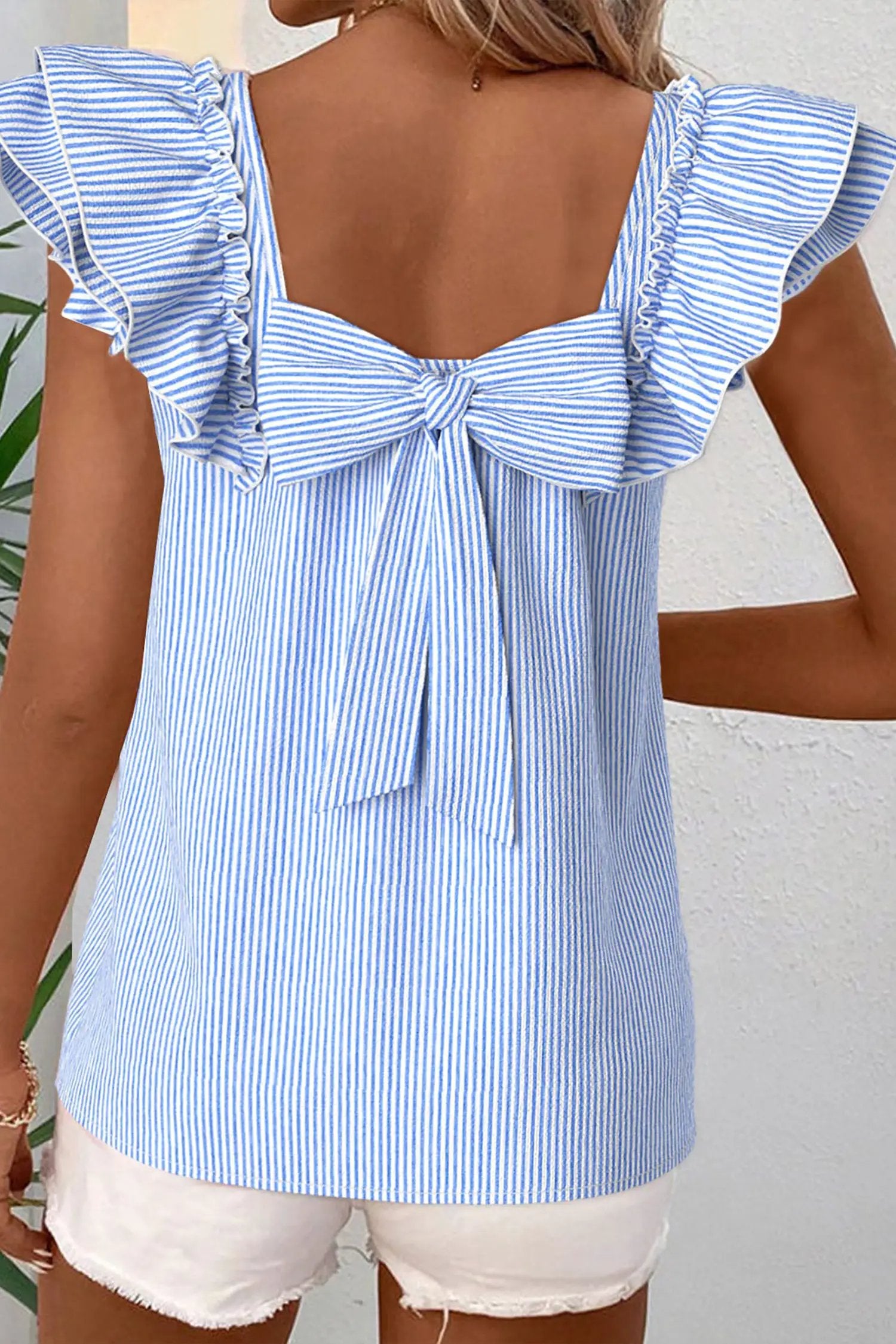 Sky Blue Stripe Square Neck Bow Decor Frilly Ruffled Short Sleeve Blouse