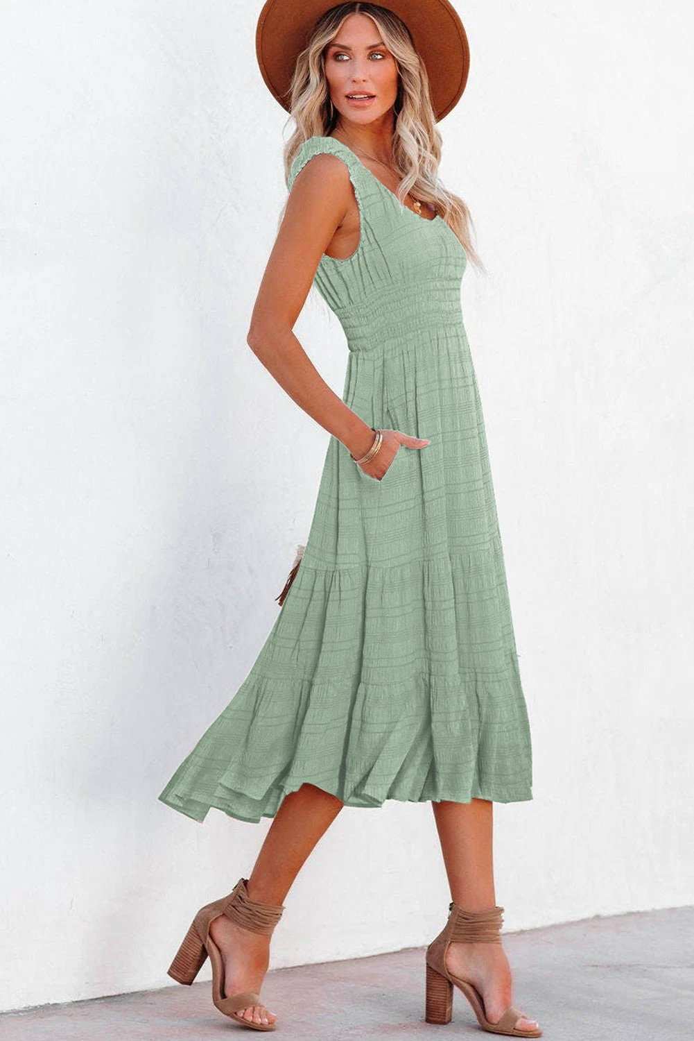 Sleeveless Midi Dress with shirred pleated square-neck bodice and tiered skirt