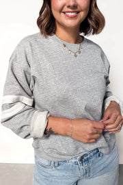Plus size light grey varsity stripe crew neck sweatshirt for everyday confidence